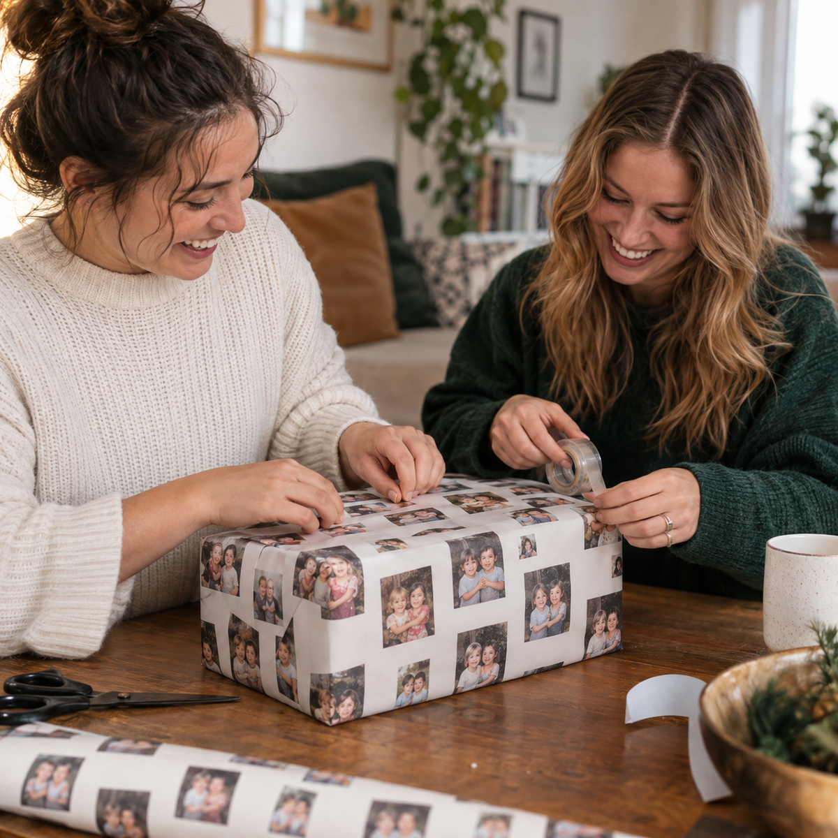 Gift wrapping paper patterned with personal photographs
