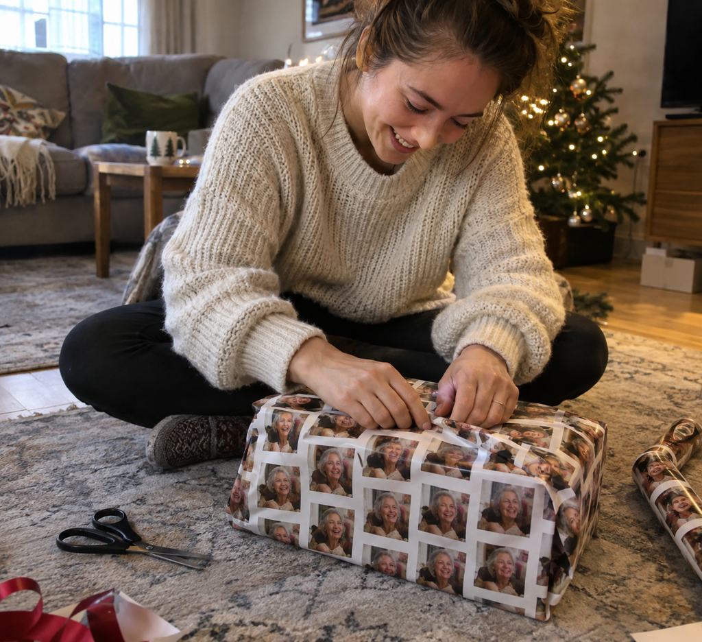 Personalized photo wrapping paper on a gift