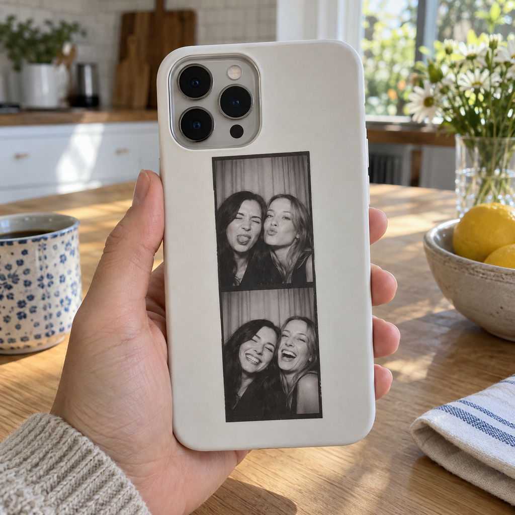 A slim white phone case printed with a black and white photo booth strip of two friends.