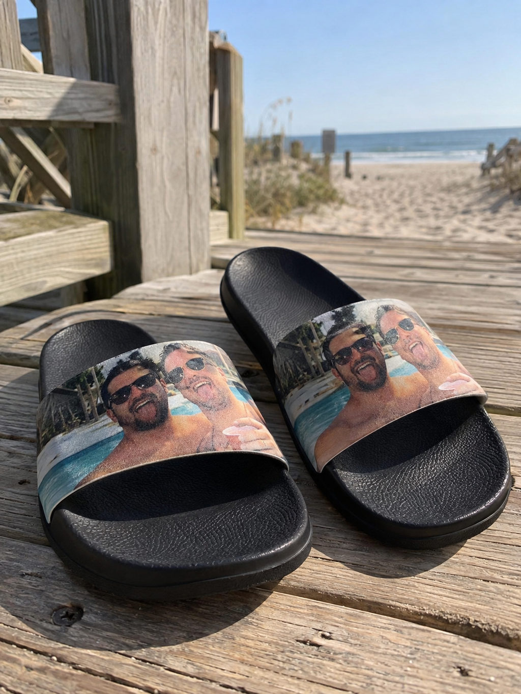 Men’s slides with a photo of two friends on the straps