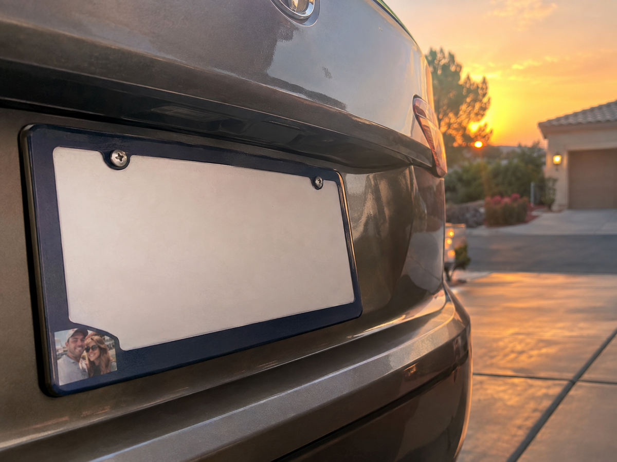 Car license plate frame with a tiny personal photo in one corner