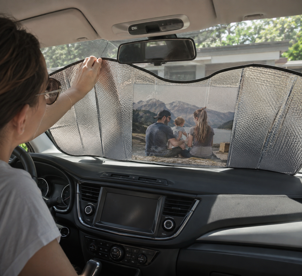 Foldable car sun shade with a bounded family photograph
