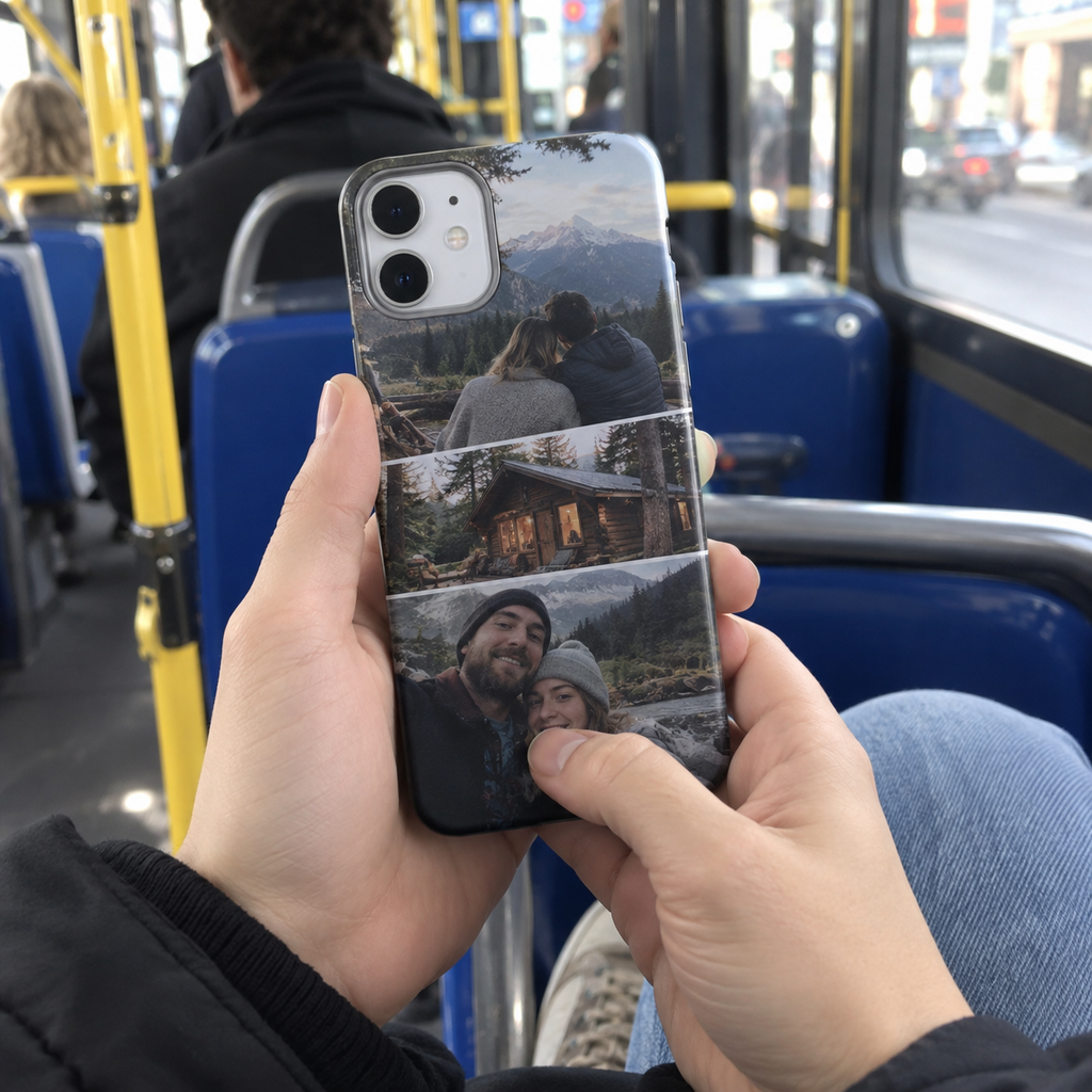 A personalized phone case with three photos of a couple's past mountain cabin weekend, held on a city bus.