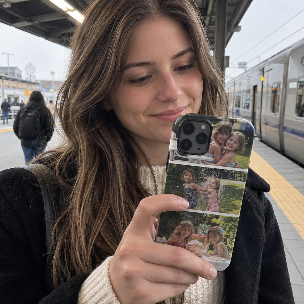 A personalized phone case with three childhood photos of sisters, held on a train platform.