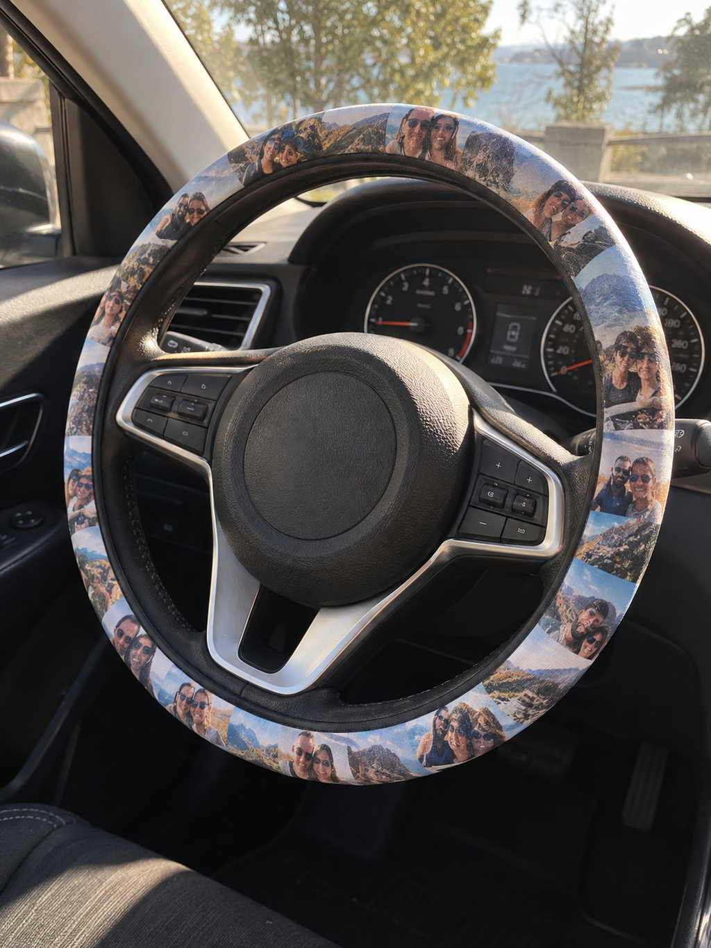 Steering wheel cover with small repeated travel photos