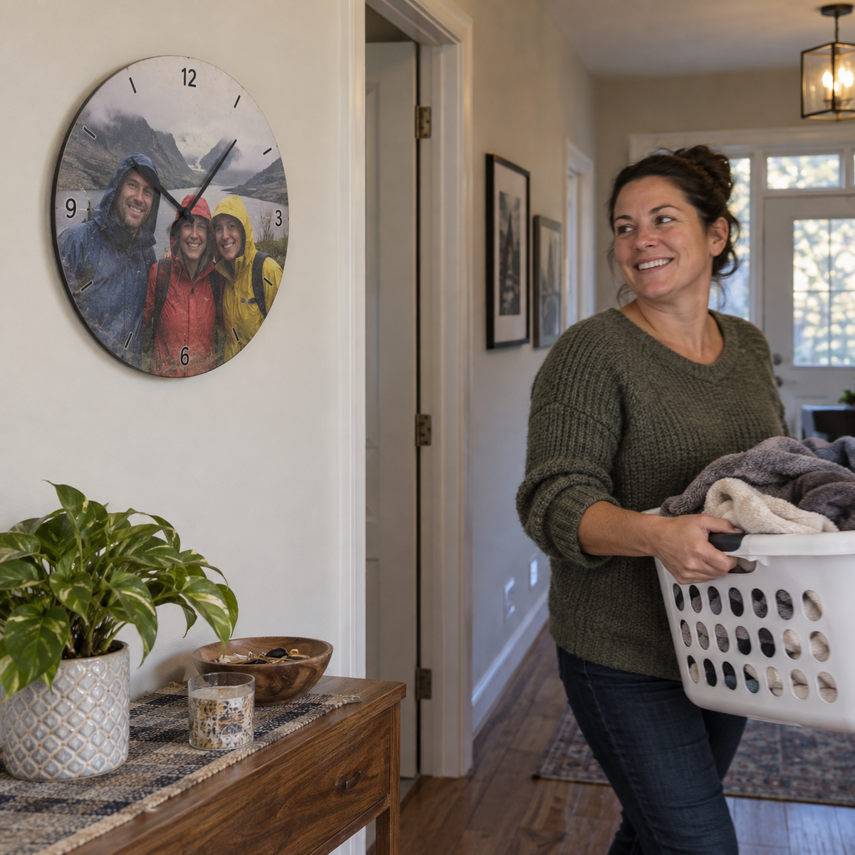 A round personalized wall clock printed with a photo of three friends hiking in rain, hanging in a home hallway.