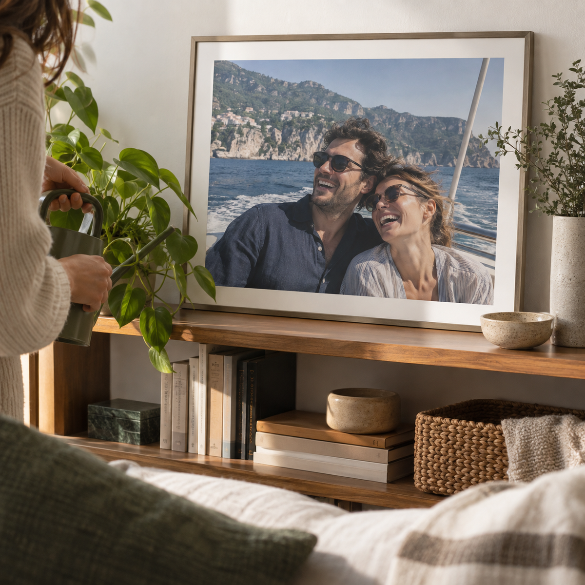 A matte personalized photo poster of a couple laughing on a boat trip, framed on a living room shelf.