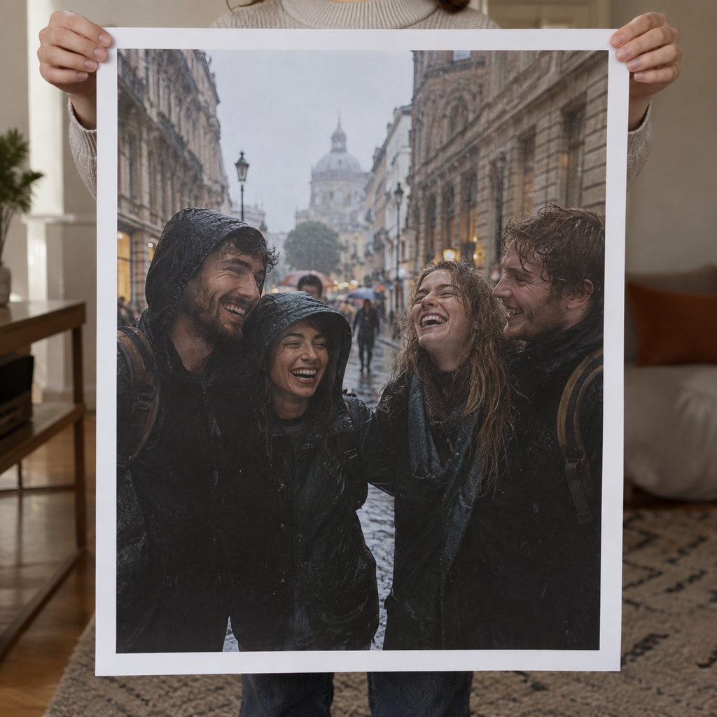 An unframed matte photo poster of four friends laughing on a rainy trip, held inside a home.