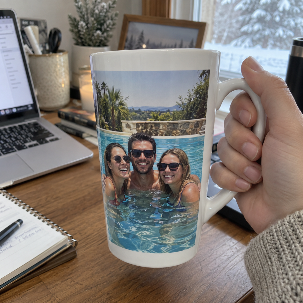 A tall personalized ceramic latte mug printed with a summer pool photo of friends, held in a winter home office.