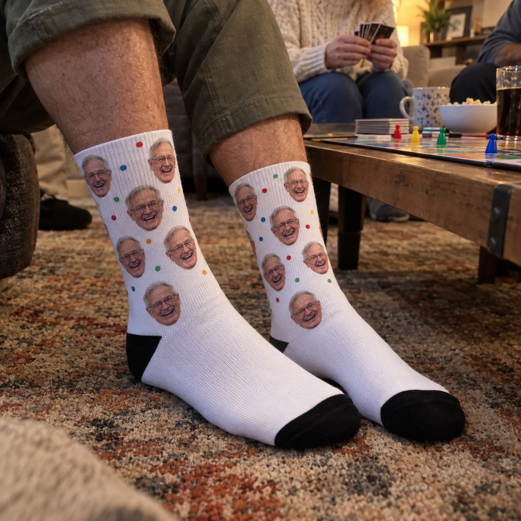 Personalized white crew socks with repeated funny grandfather portraits on the legs and black toes and heels.