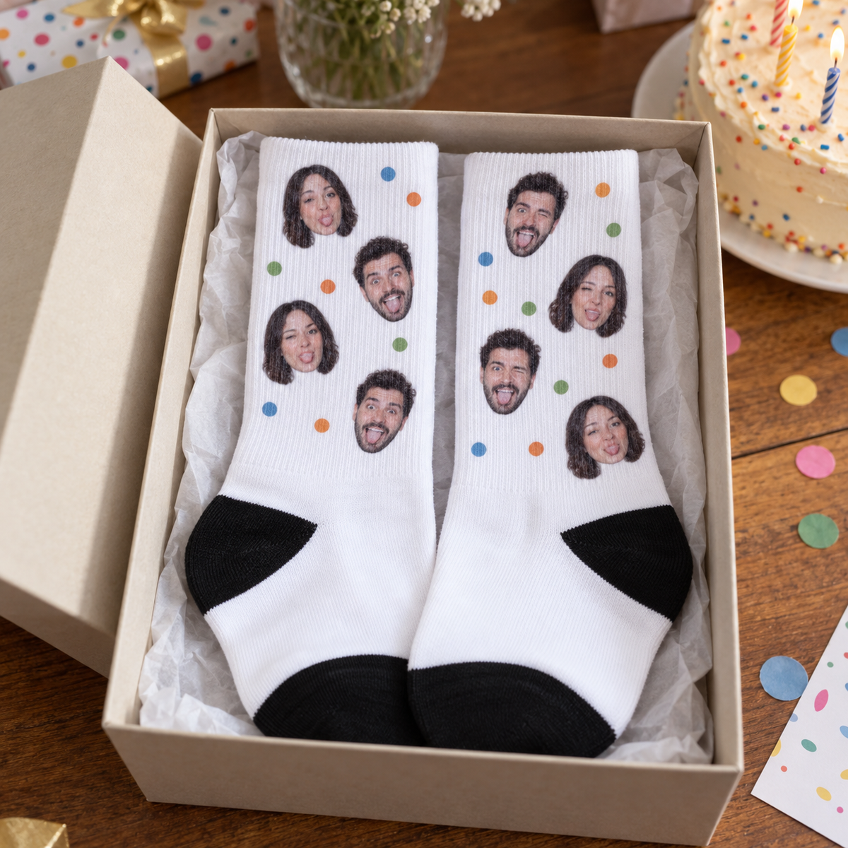 Personalized crew socks printed with funny portraits of two friends on their white legs, with black toe panels.