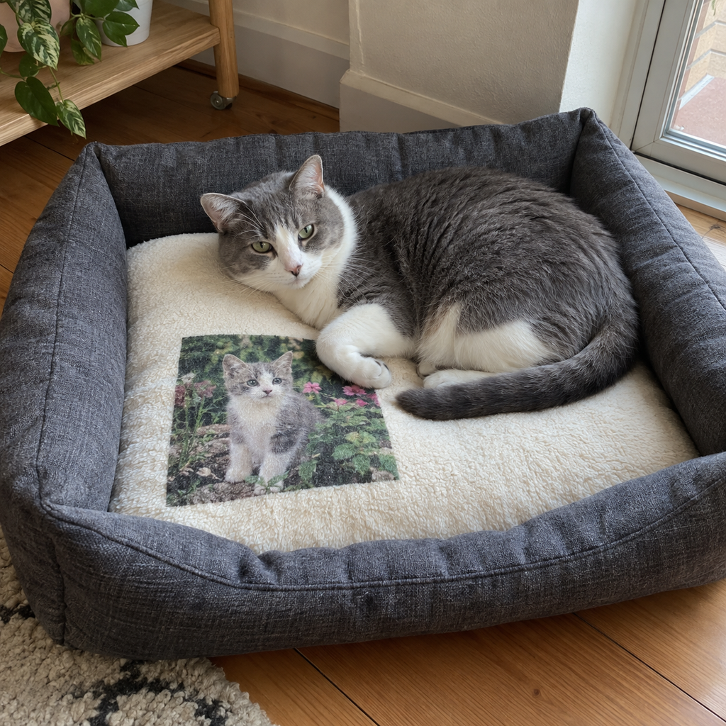 A gray cat lying on a pet bed whose cushion fabric is printed with its kitten photo.
