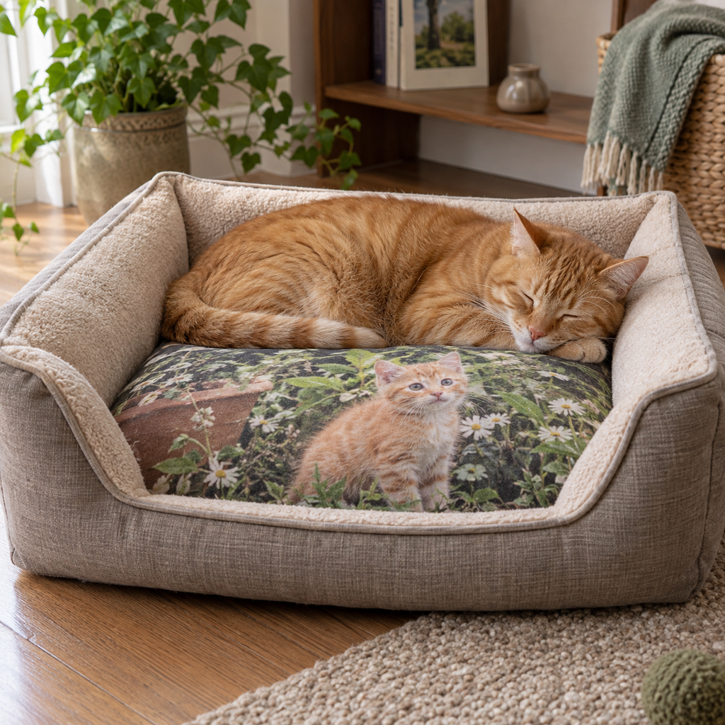 A fabric pet bed with a printed kitten photo on its cushion, occupied by the now grown orange cat.