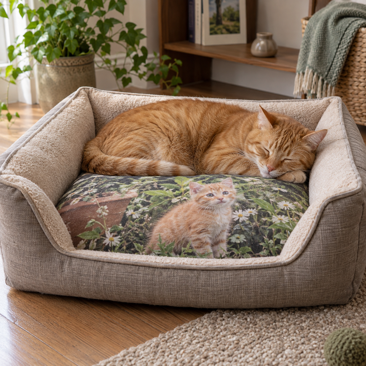 A fabric pet bed with a printed kitten photo on its cushion, occupied by the now grown orange cat.