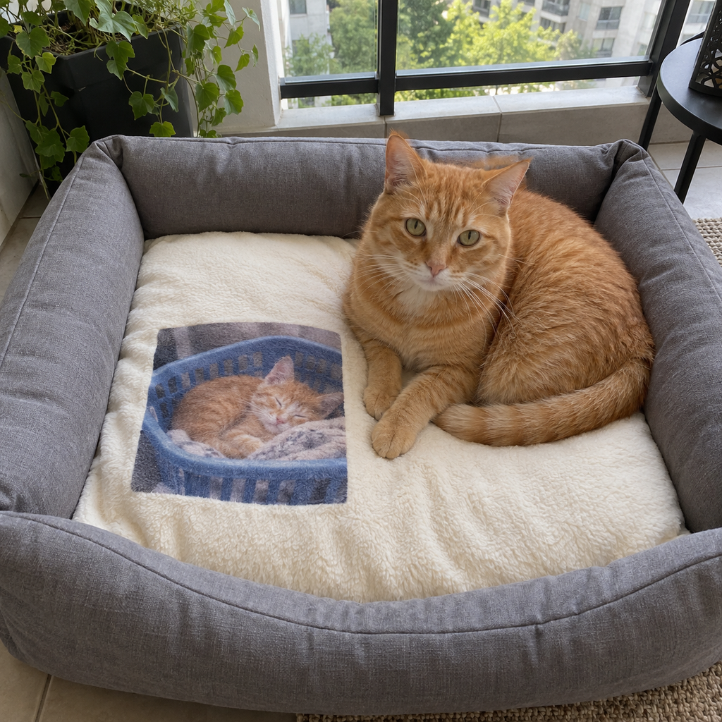 An orange cat in a padded pet bed with its kitten photo printed on the cushion.