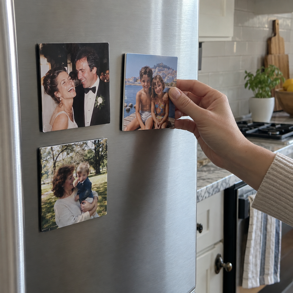 Three personalized square photo magnets with family memories on a kitchen refrigerator.