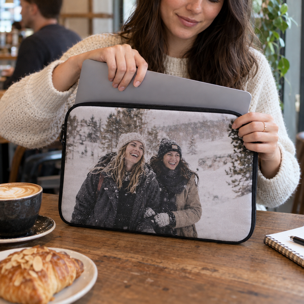 A padded laptop sleeve printed with a snowy friends' photo while a laptop is placed inside at a café.