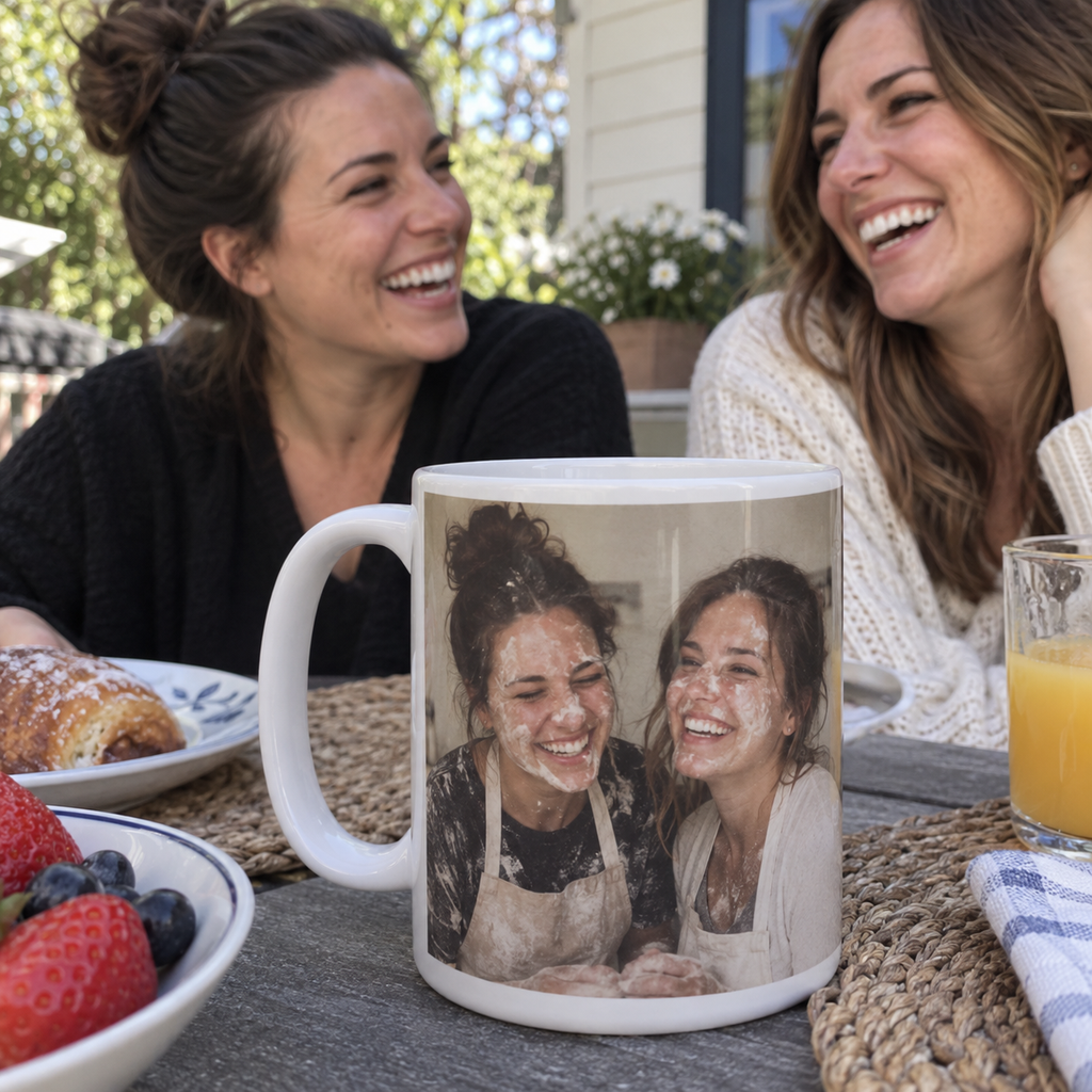 A large ceramic mug printed with a funny baking memory of two sisters.
