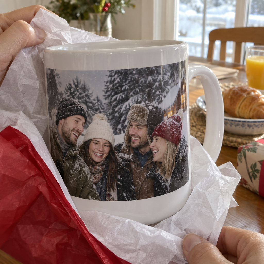A large ceramic mug personalized with a funny photo of friends.