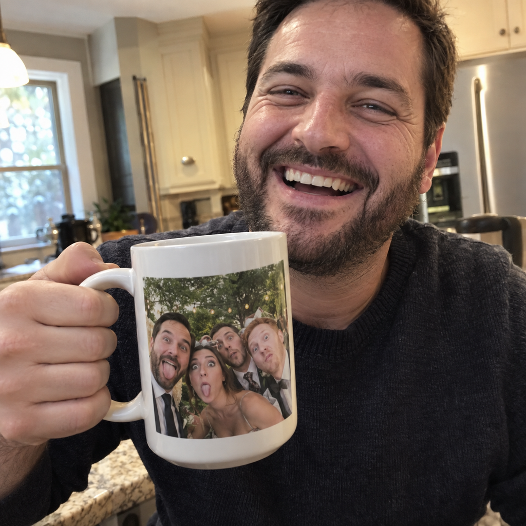 A large white ceramic mug printed with a funny friends' wedding photo, held at home.