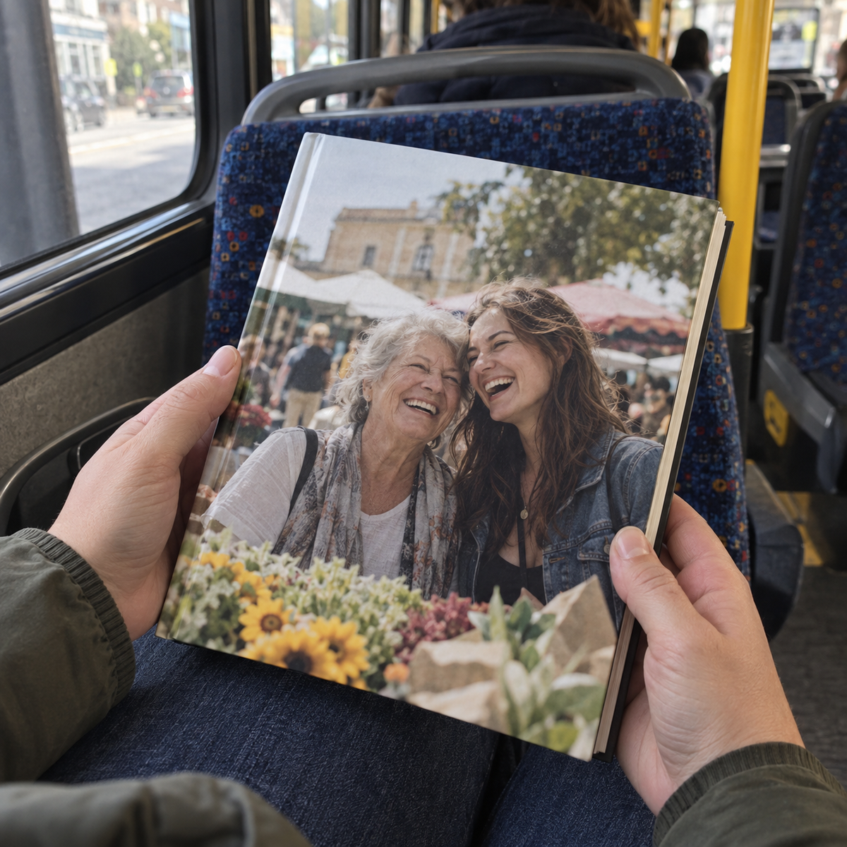 A hardcover journal printed with a grandmother and granddaughter market photo, held on a bus.