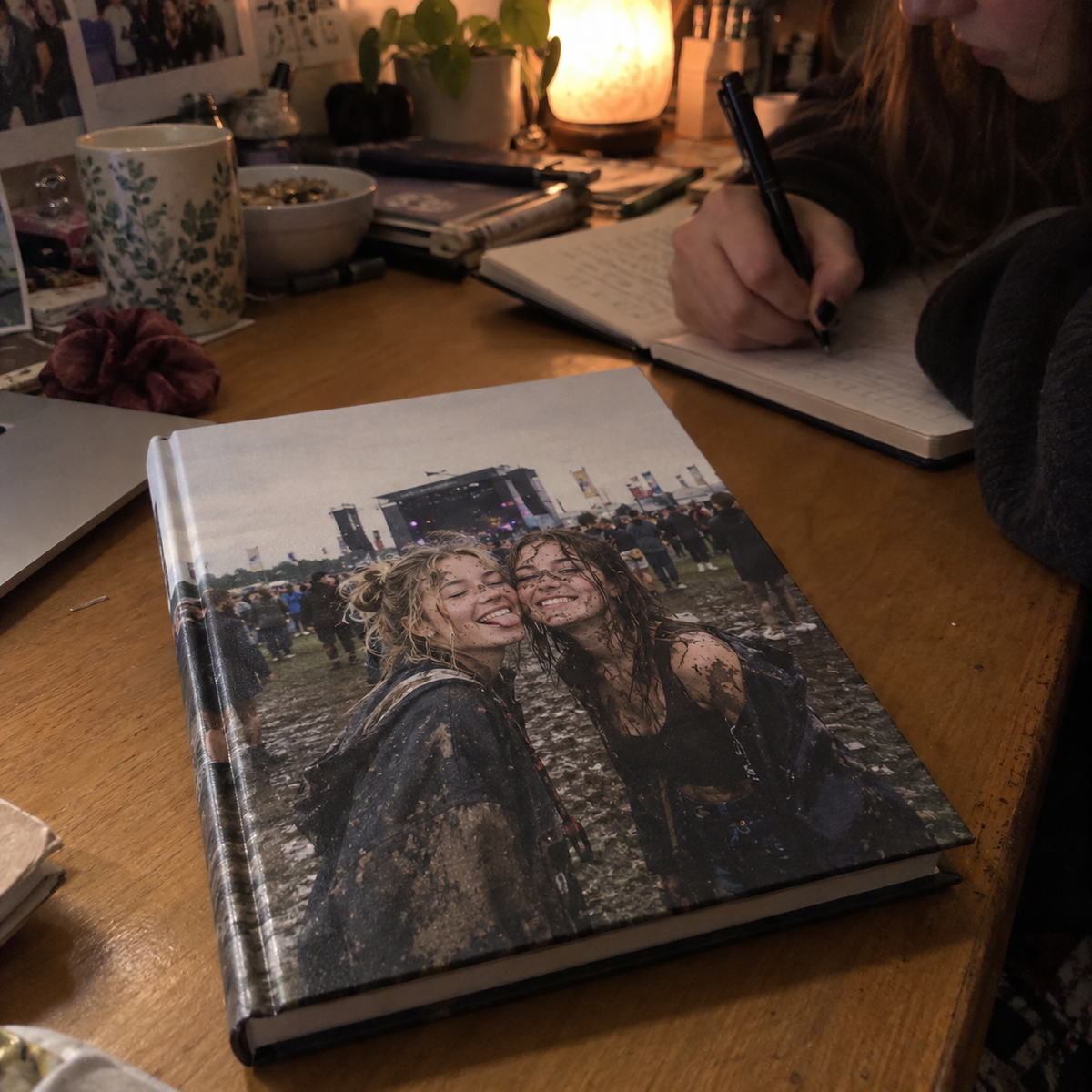 A hardcover journal printed with a muddy festival memory of two friends.
