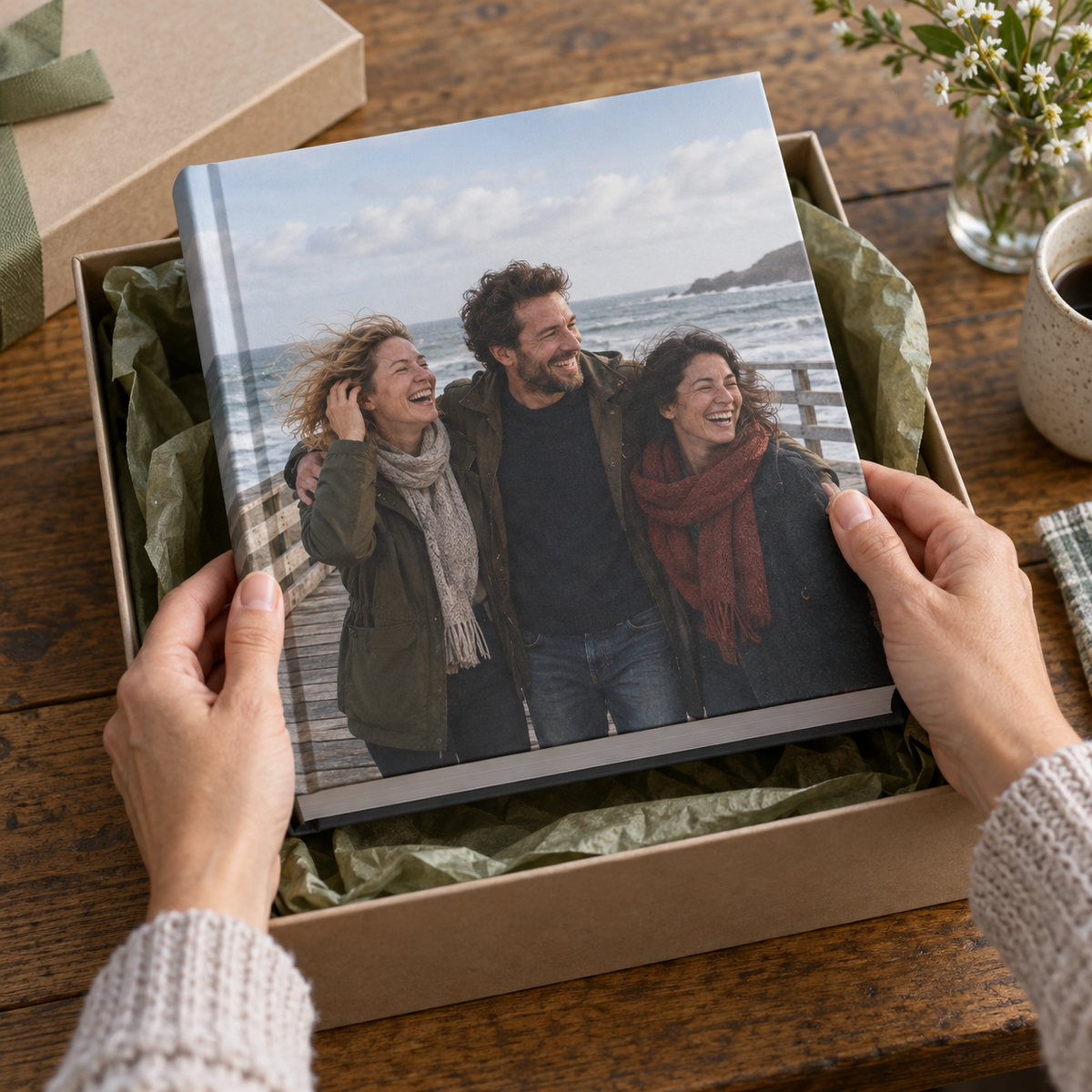 A hardcover journal printed with a windy pier photo of friends in a gift box.
