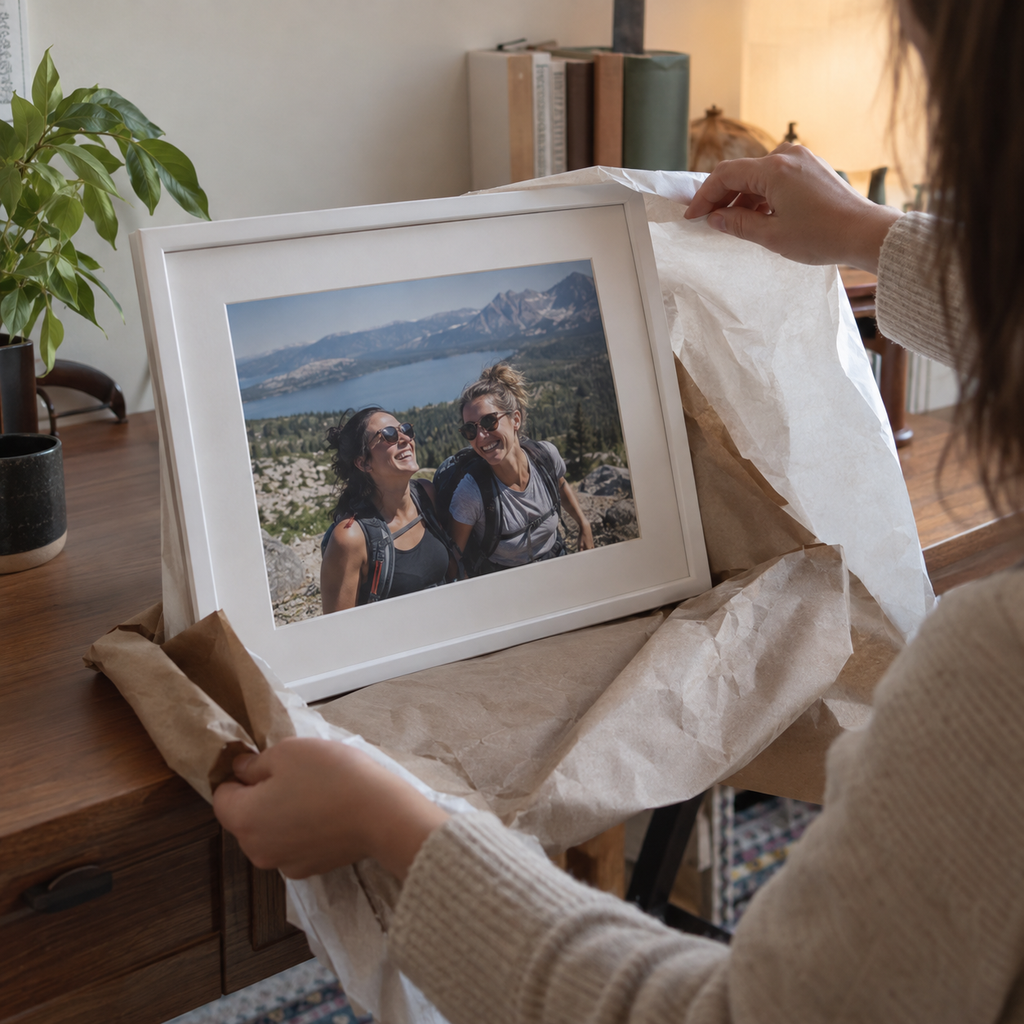 A framed photo poster showing two friends on a hike, opened as a gift.