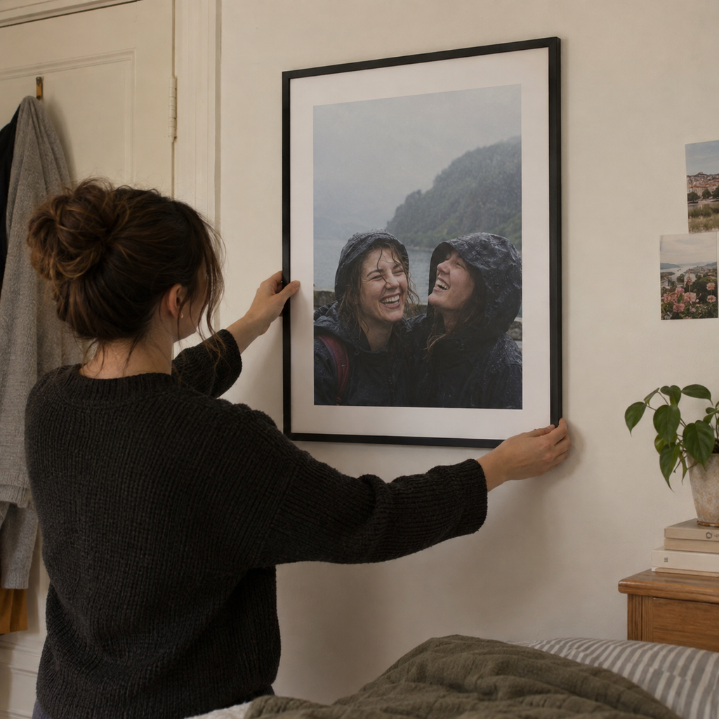 A black framed photo poster showing two sisters laughing in rain, adjusted on a bedroom wall.