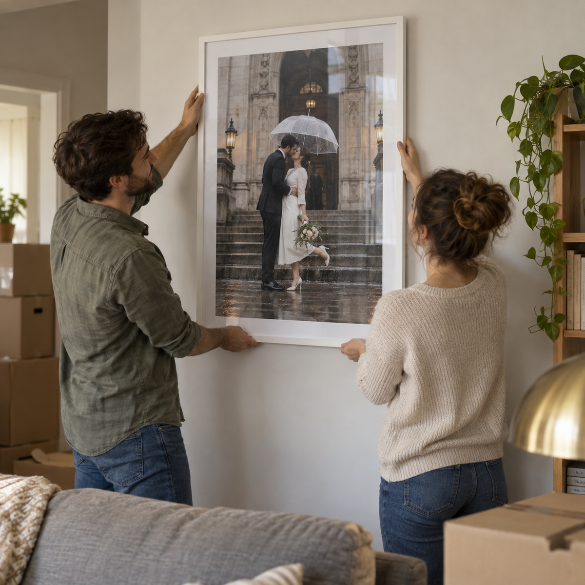 A framed poster of a couple kissing in the rain on their wedding day, hung at home.