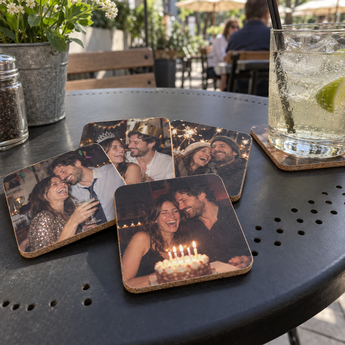 Four cork-backed coasters printed with birthday memories of a couple at a café.