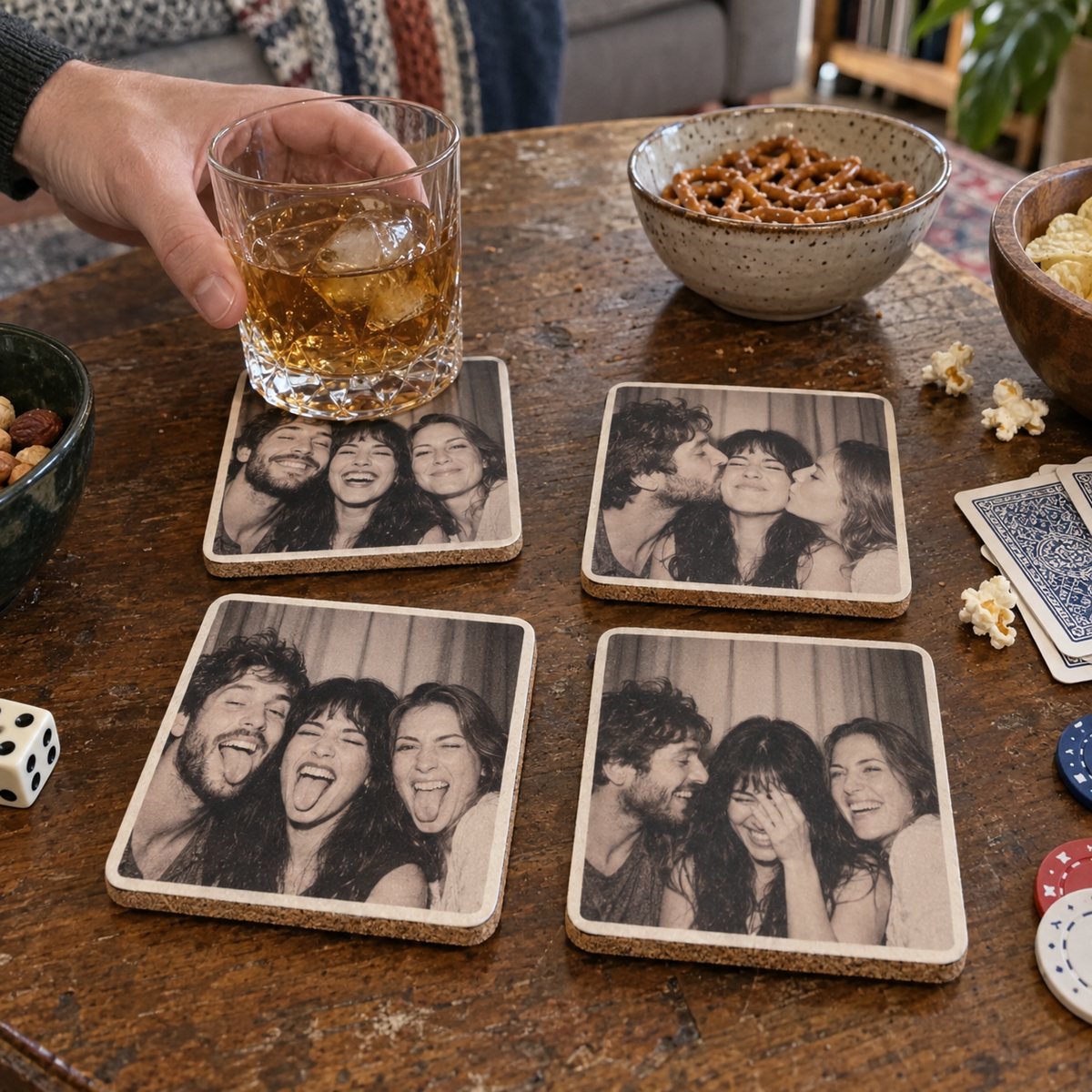 Four cork-backed coasters printed with different photo booth memories at a game night.