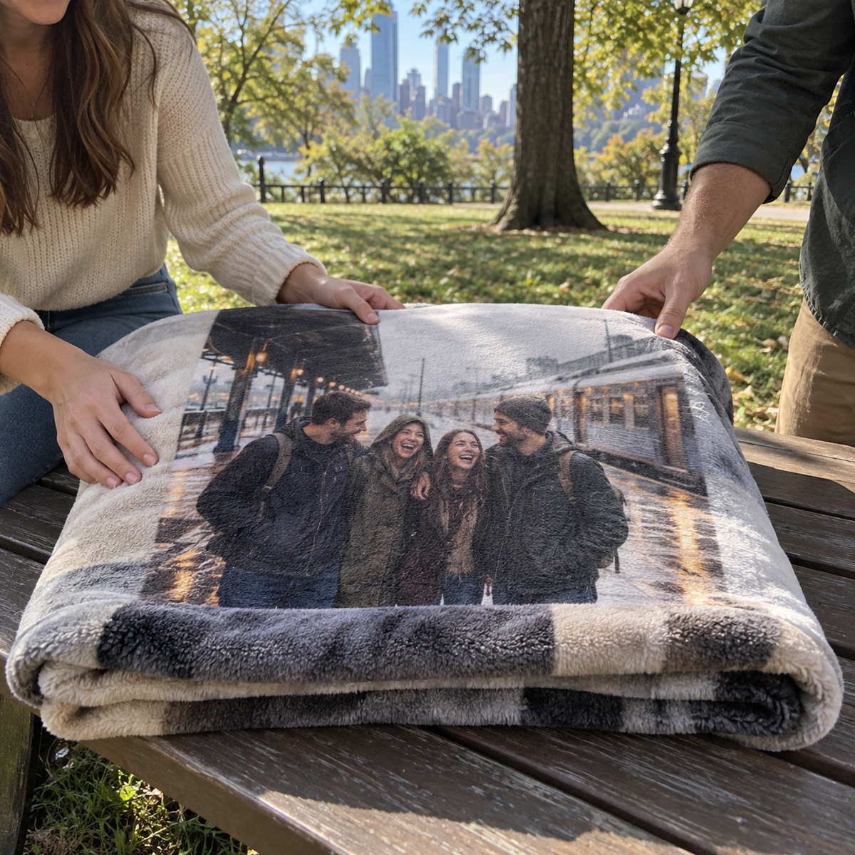 A folded plush blanket printed with friends on a rainy train platform at a sunny park.