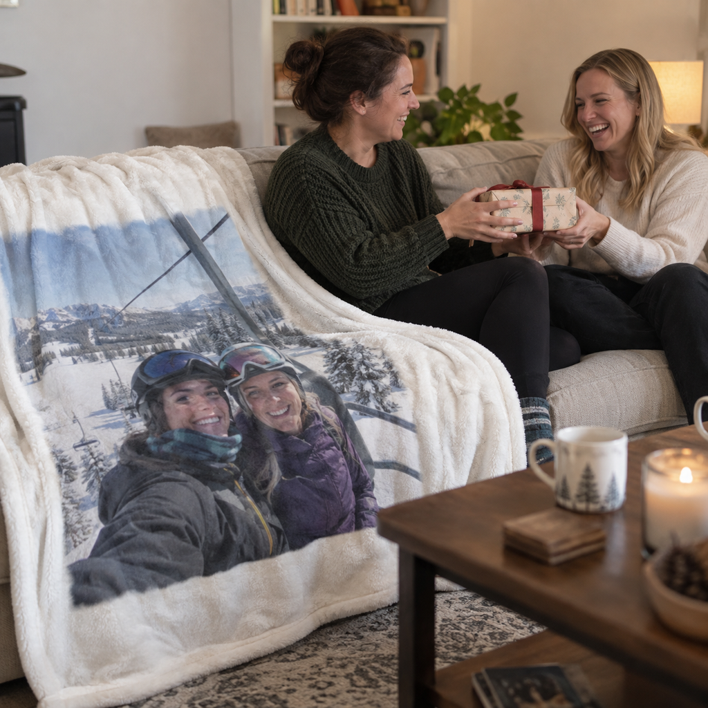 A plush blanket printed with an earlier skiing photo of two friends in a living room.
