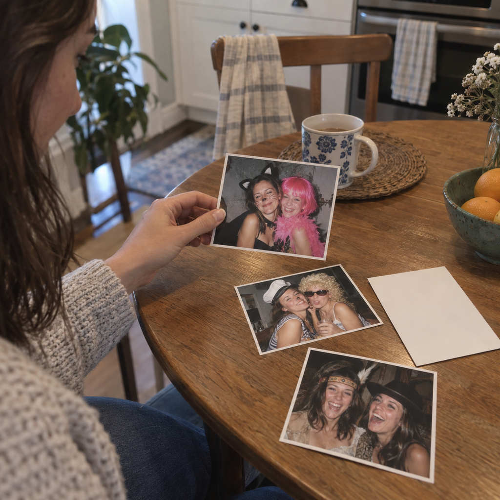 Three photo postcards showing sisters in funny party costumes on a kitchen table.