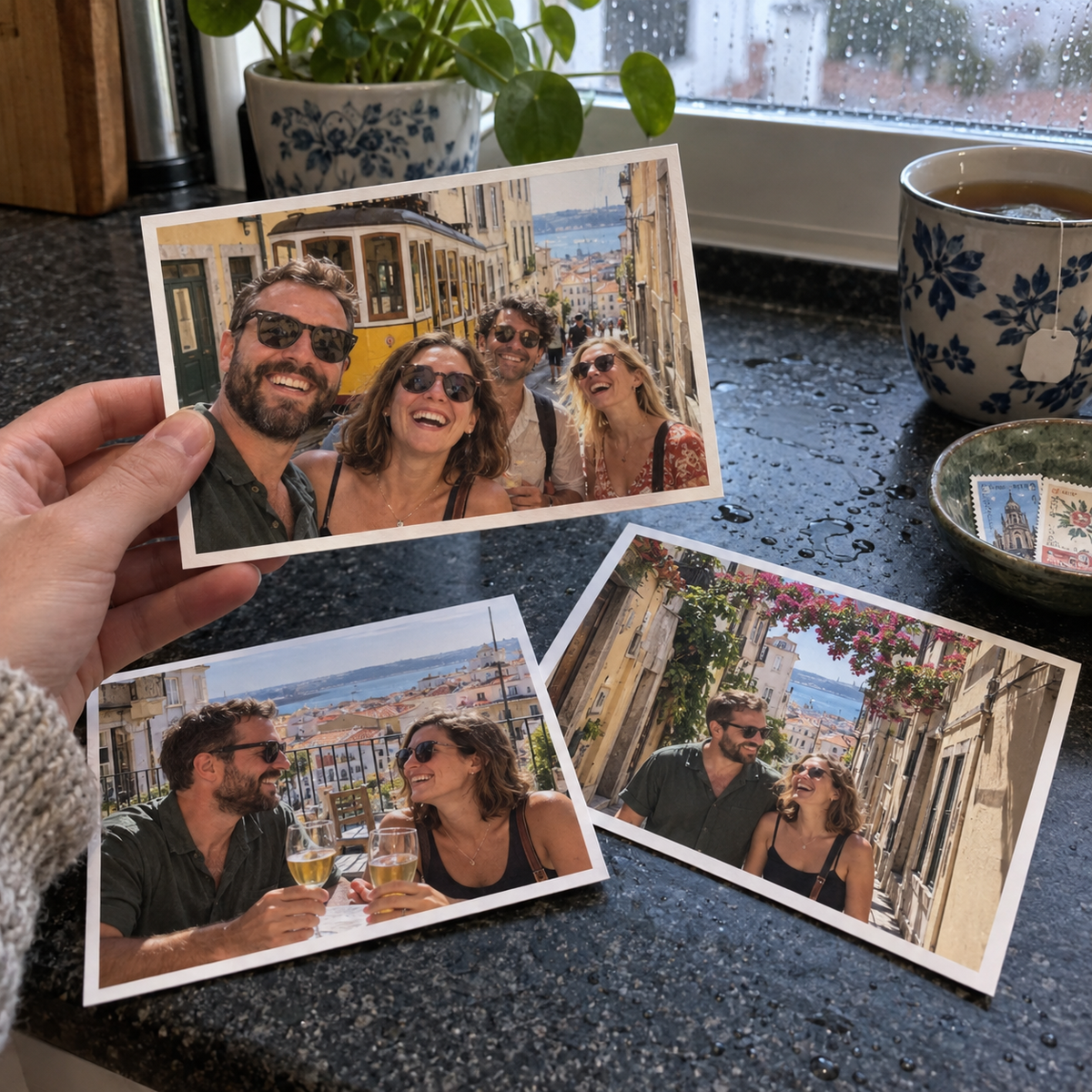 Three personalized photo postcards with holiday snapshots on a rainy kitchen counter.