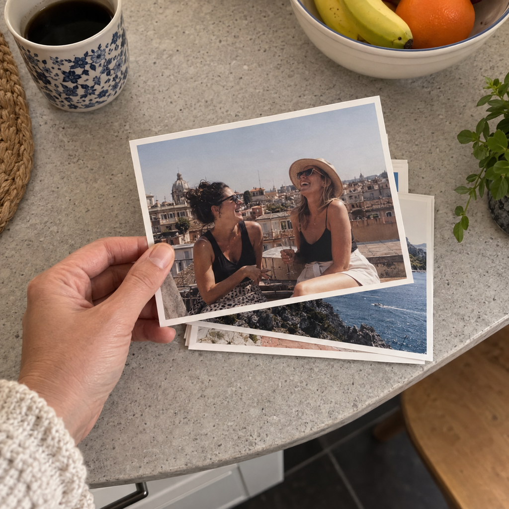 A set of personalized paper photo postcards with past rooftop holiday memories on a kitchen table.