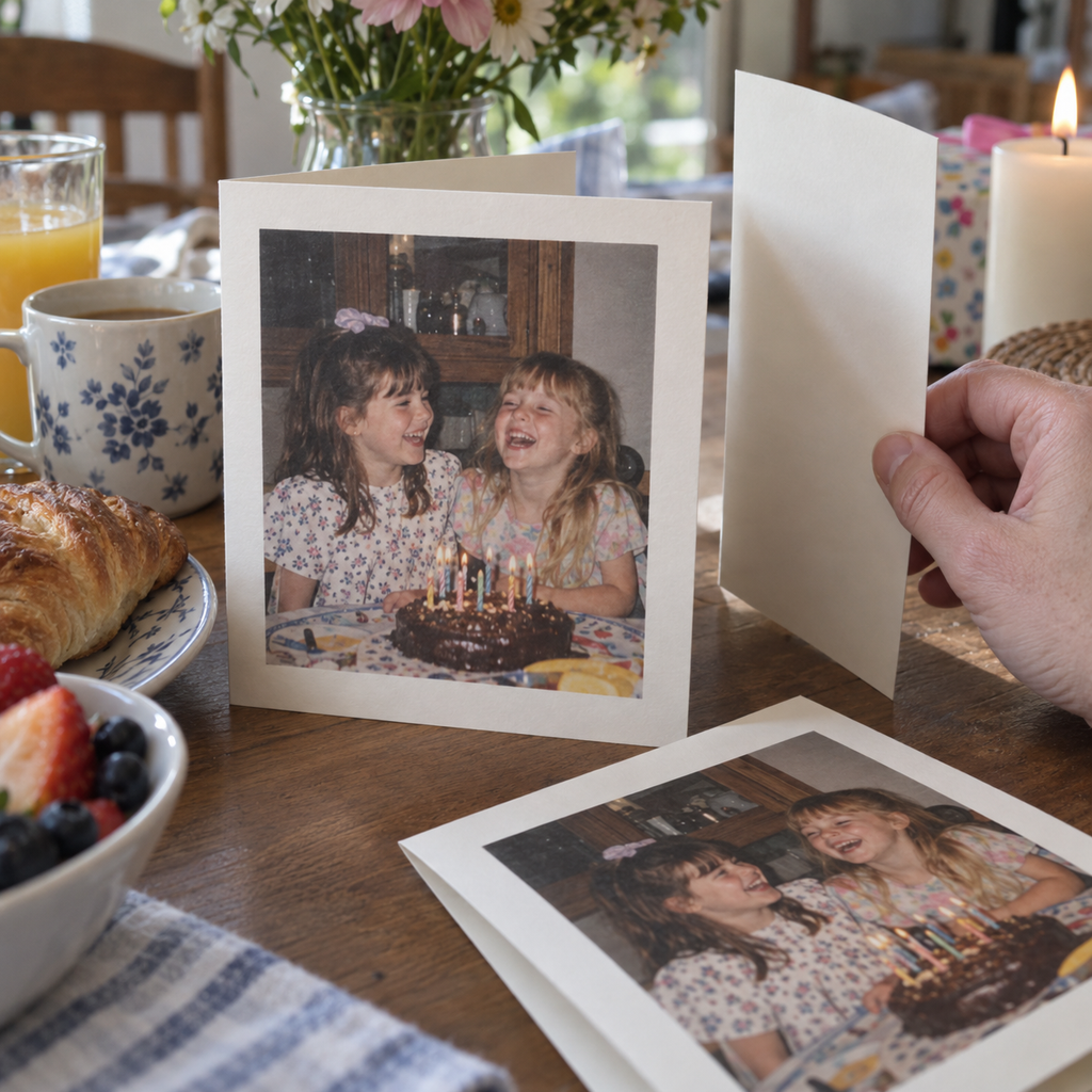 Folded greeting cards printed with an old birthday photo of two sisters.