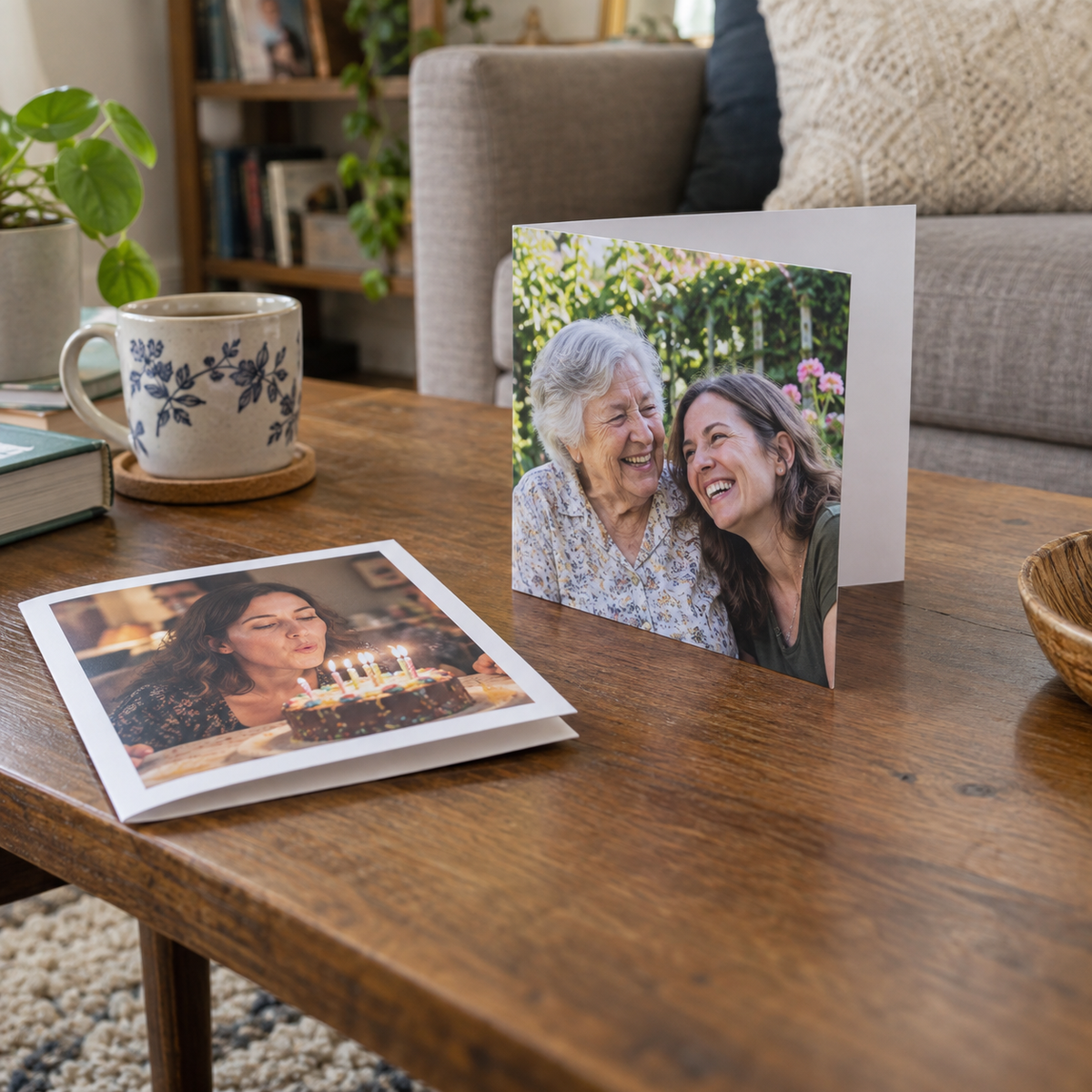 Personalized folded greeting cards with a grandmother and adult grandchild garden photo.