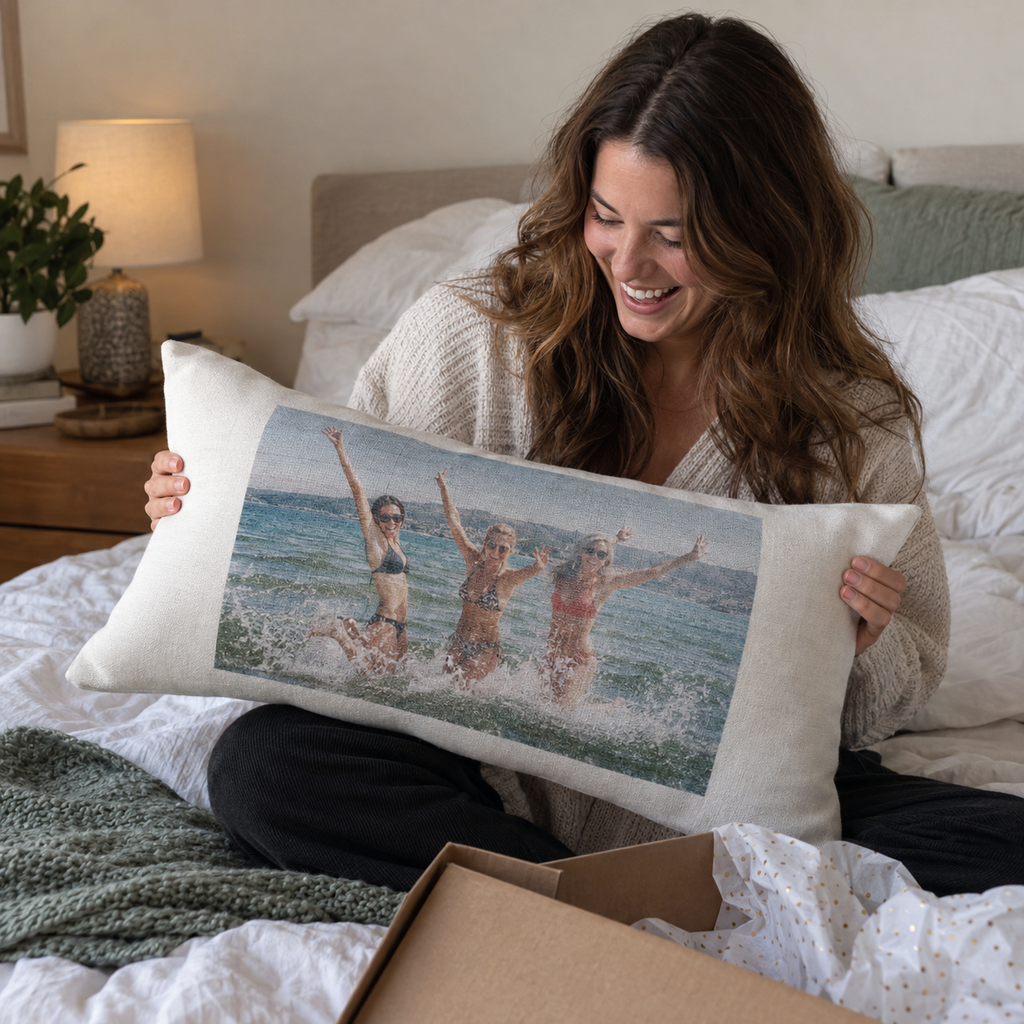 A long lumbar pillow printed with friends jumping in the sea, opened as a gift.