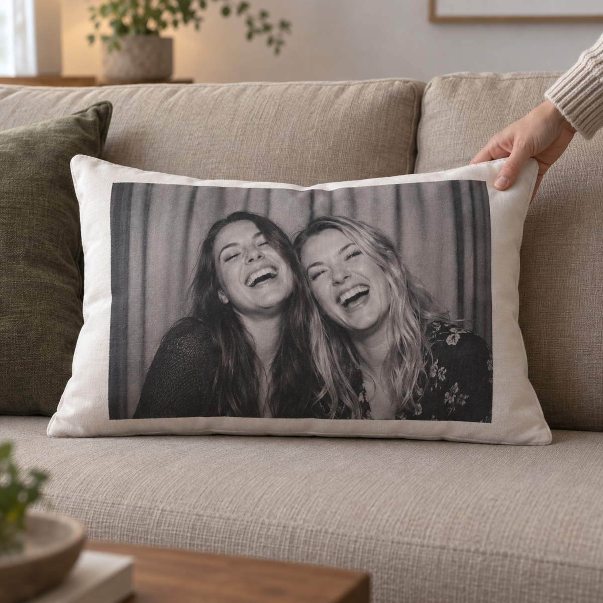 A rectangular personalized lumbar pillow printed with a funny friends' photo booth picture.