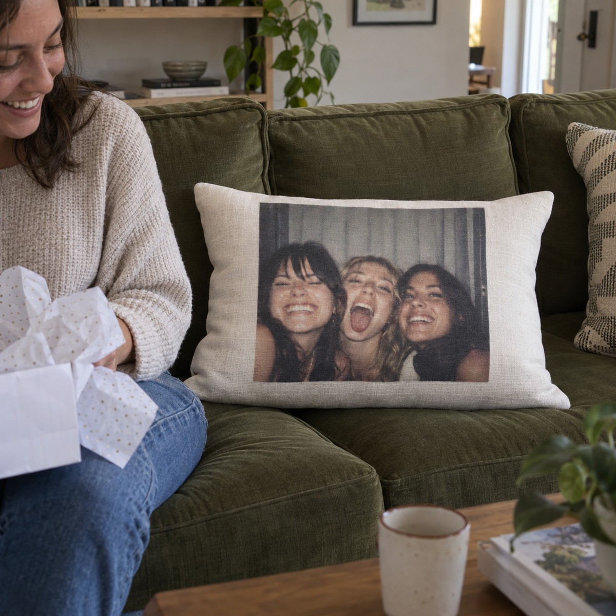 A rectangular lumbar pillow printed with a friends photo booth memory on a sofa.