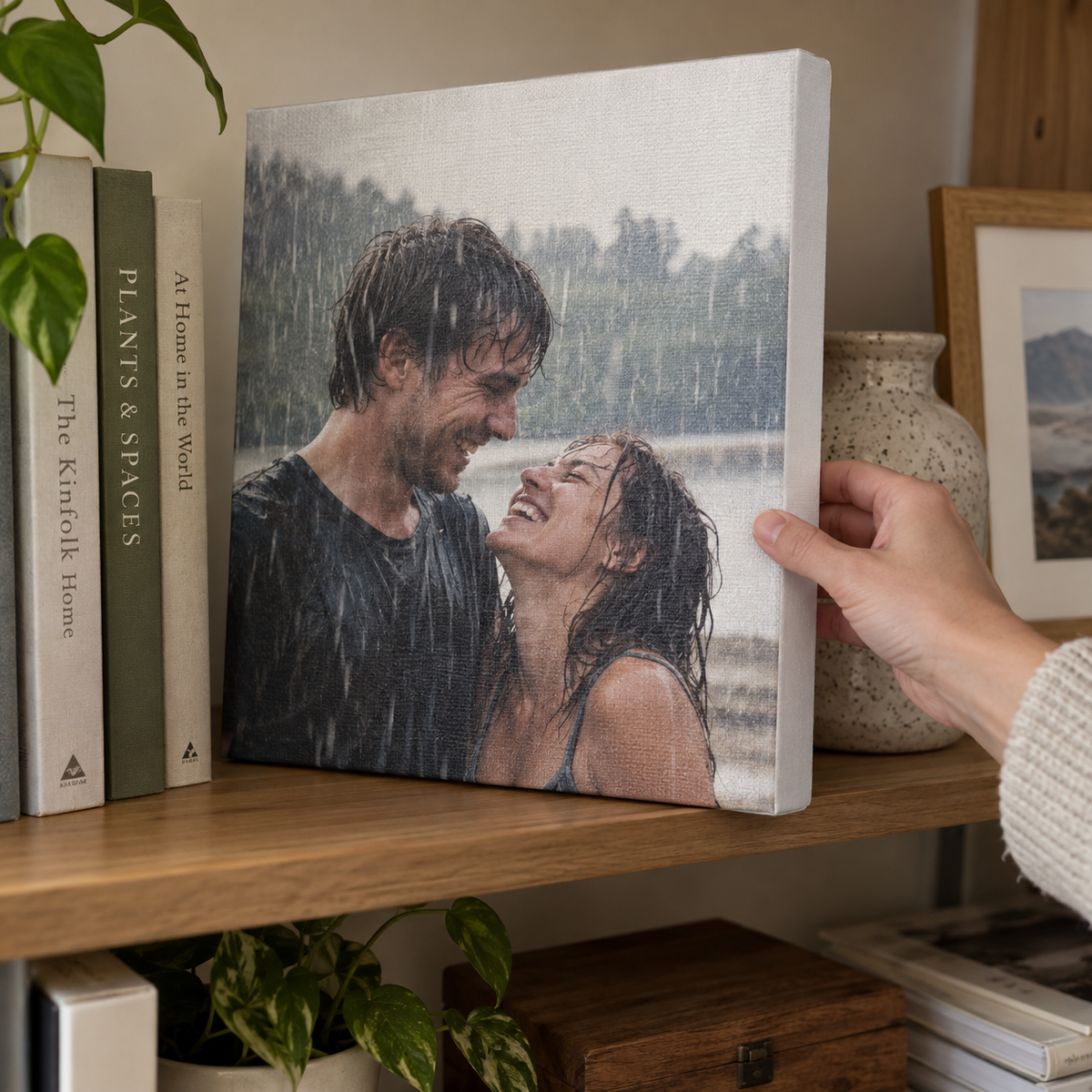A gallery-wrapped photo canvas of a couple laughing in summer rain, shown on a shelf.