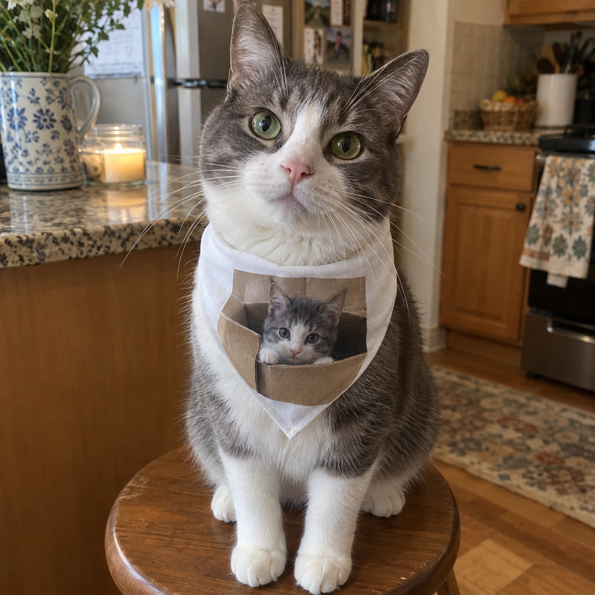 A gray cat in a triangular bandana printed with its kitten photo.