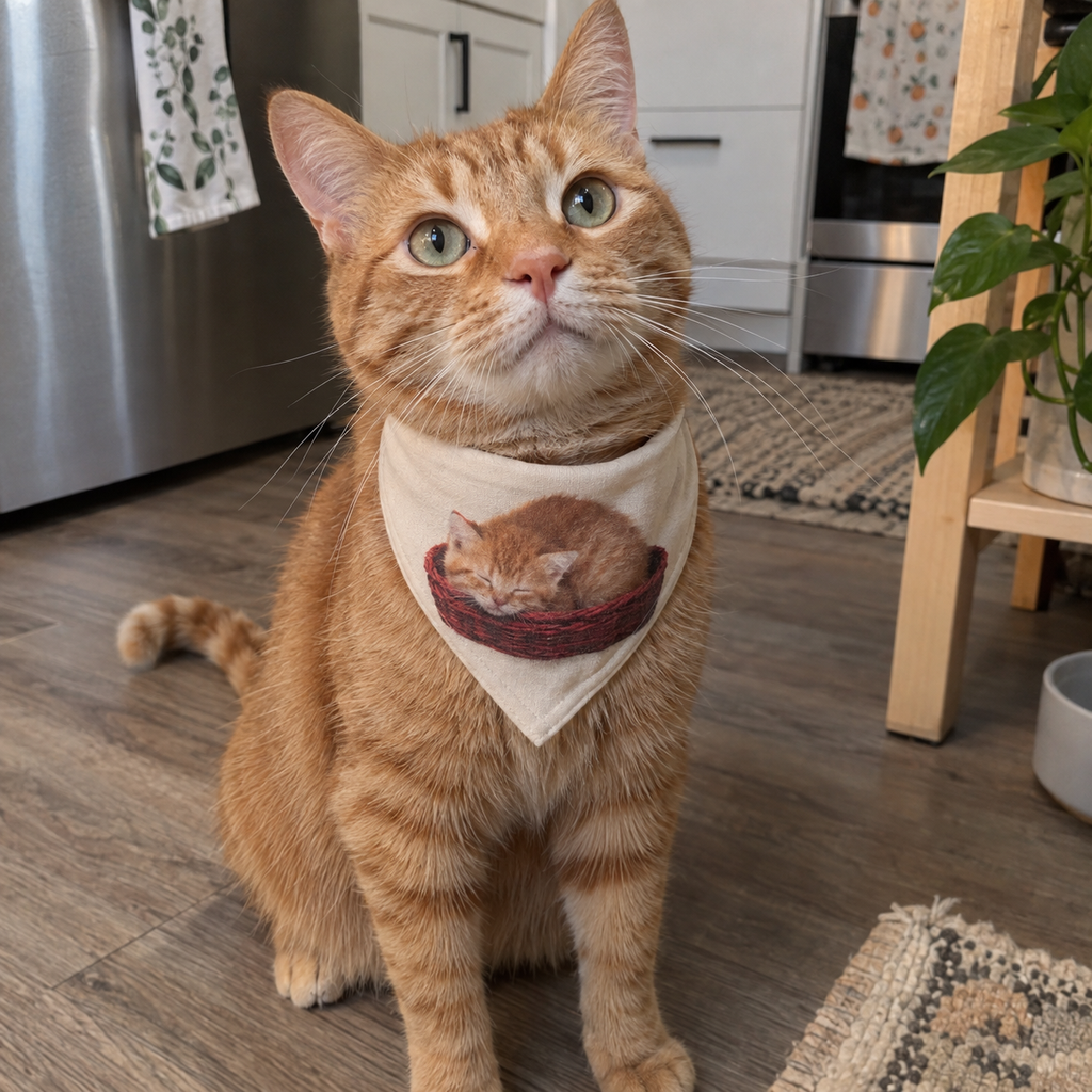 An orange cat wearing a fabric bandana printed with its kitten photo.