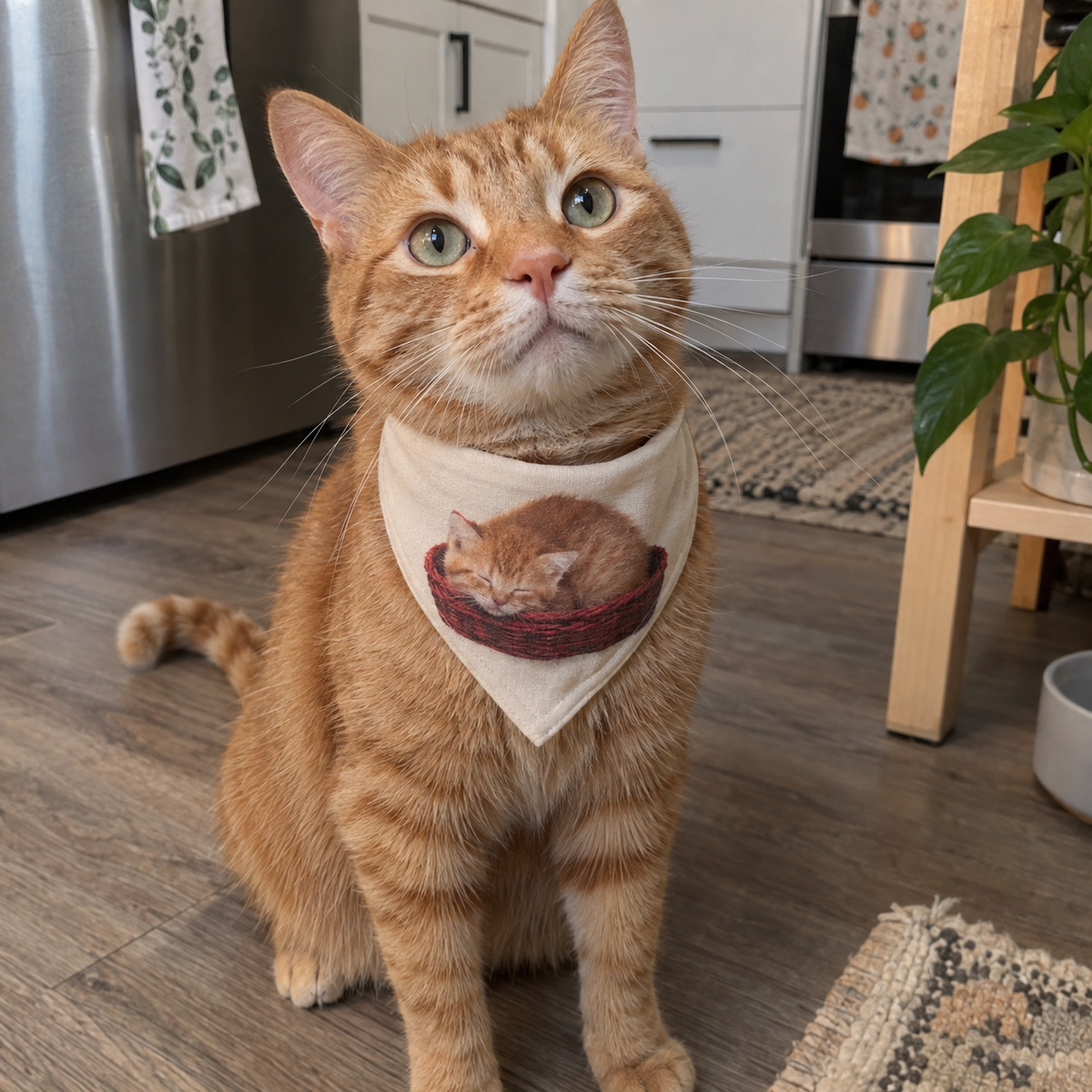 An orange cat wearing a fabric bandana printed with its kitten photo.