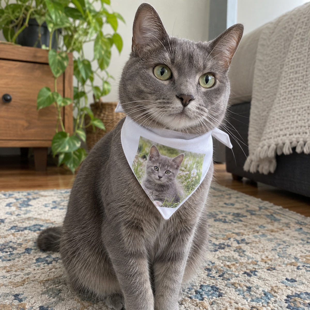 A gray cat wearing a personalized triangular bandana printed with a photo of itself as a kitten.