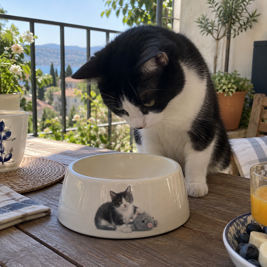 Black-and-white cat beside a ceramic bowl printed with its kitten portrait.