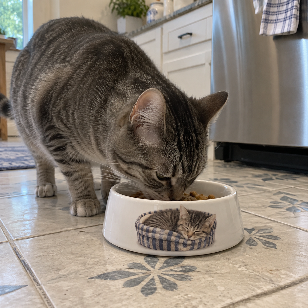 Pet bowl with a printed kitten photo as the cat eats in the kitchen.
