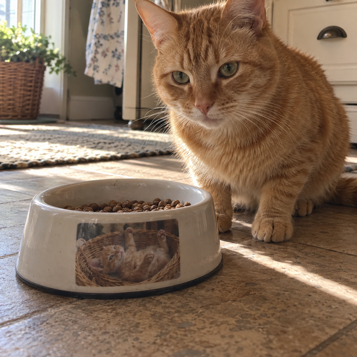 A ceramic pet bowl printed with a kitten photo beside the grown orange cat.